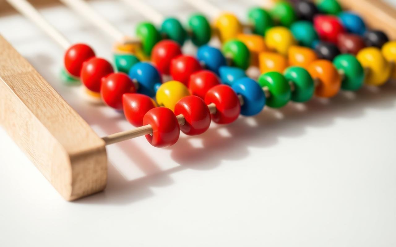 Close-up of colourful abacus beads used in class