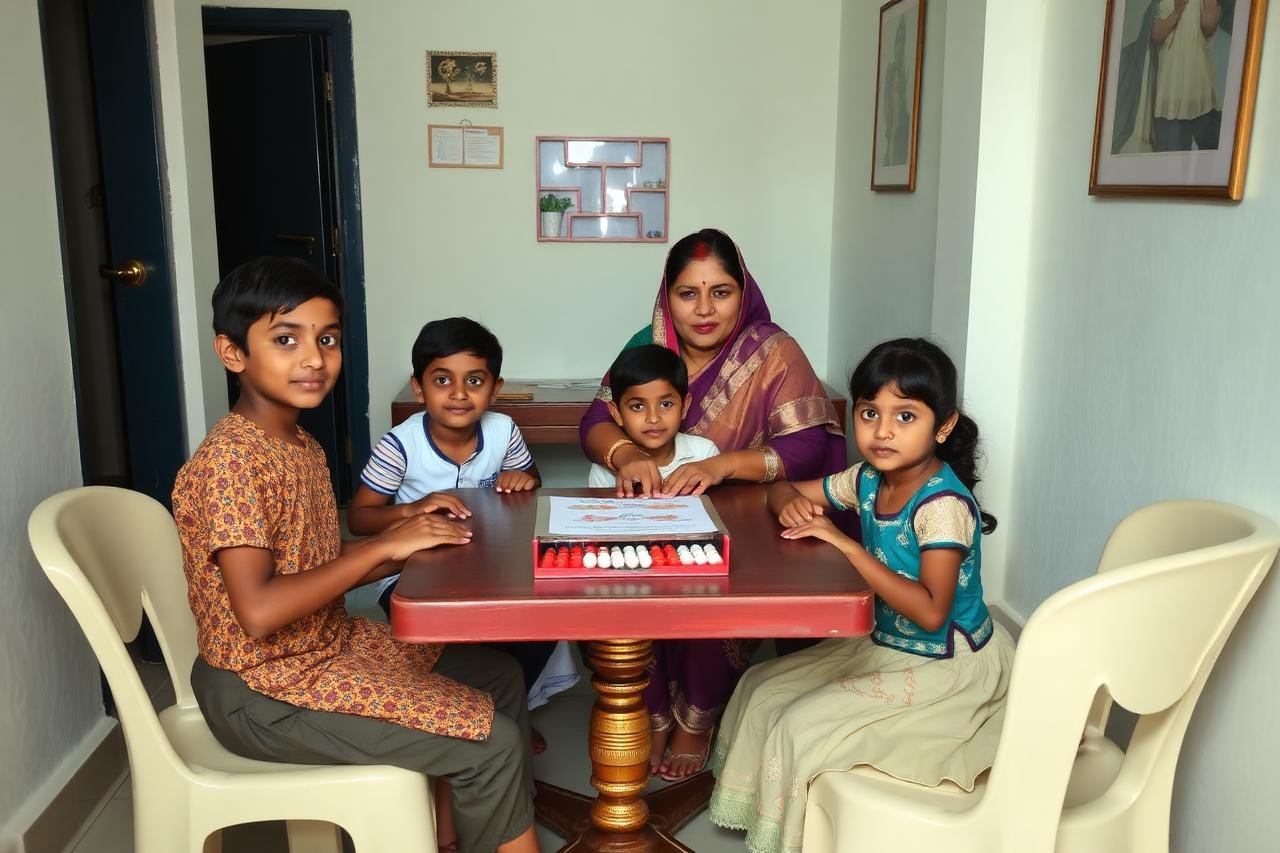 A small home-based abacus learning centre with children and a trainer