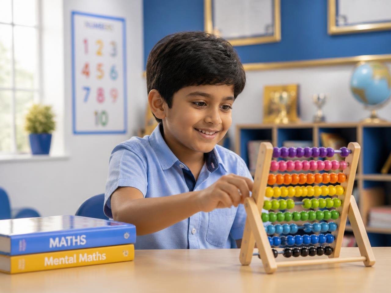 A young Indian student practising with a colourful abacus in a bright classroom