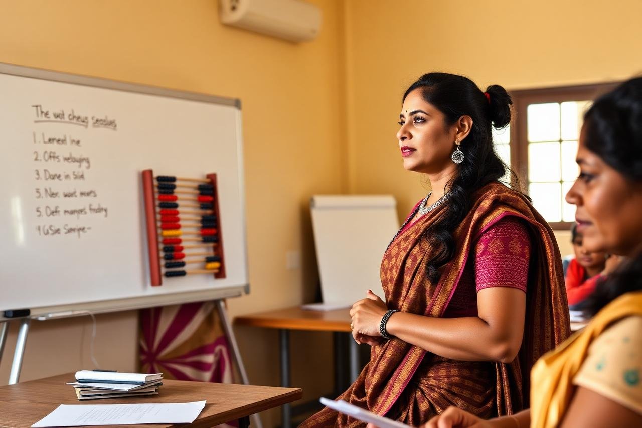 A trainer explaining abacus techniques during a training session